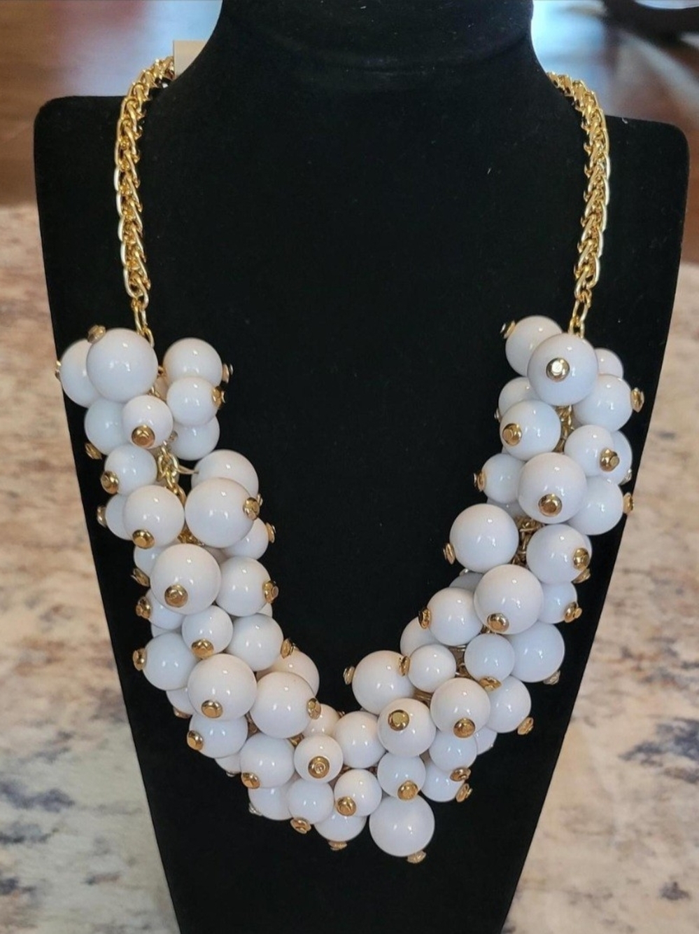 Gold-Accent White Beaded Statement Necklace & Earrings Set